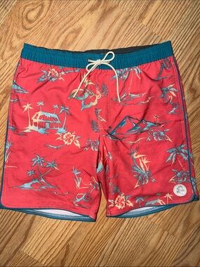O'Neill Red Tropical Swim Board Shorts with Teal Trim